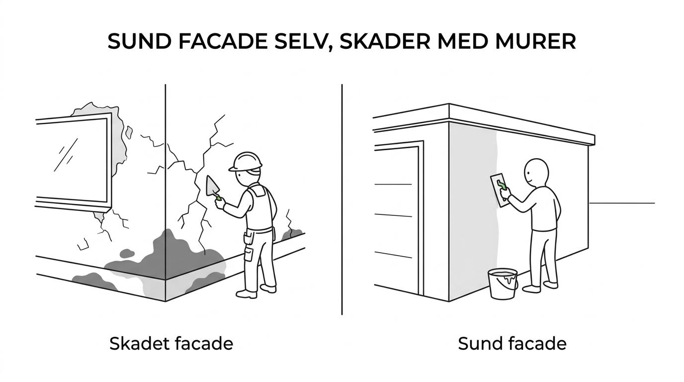 Sammenligning af to facader: en lille, tør og intakt facade egnet til gør-det-selv og en facade med revner, fugt og afskalninger, der kræver fagmand.