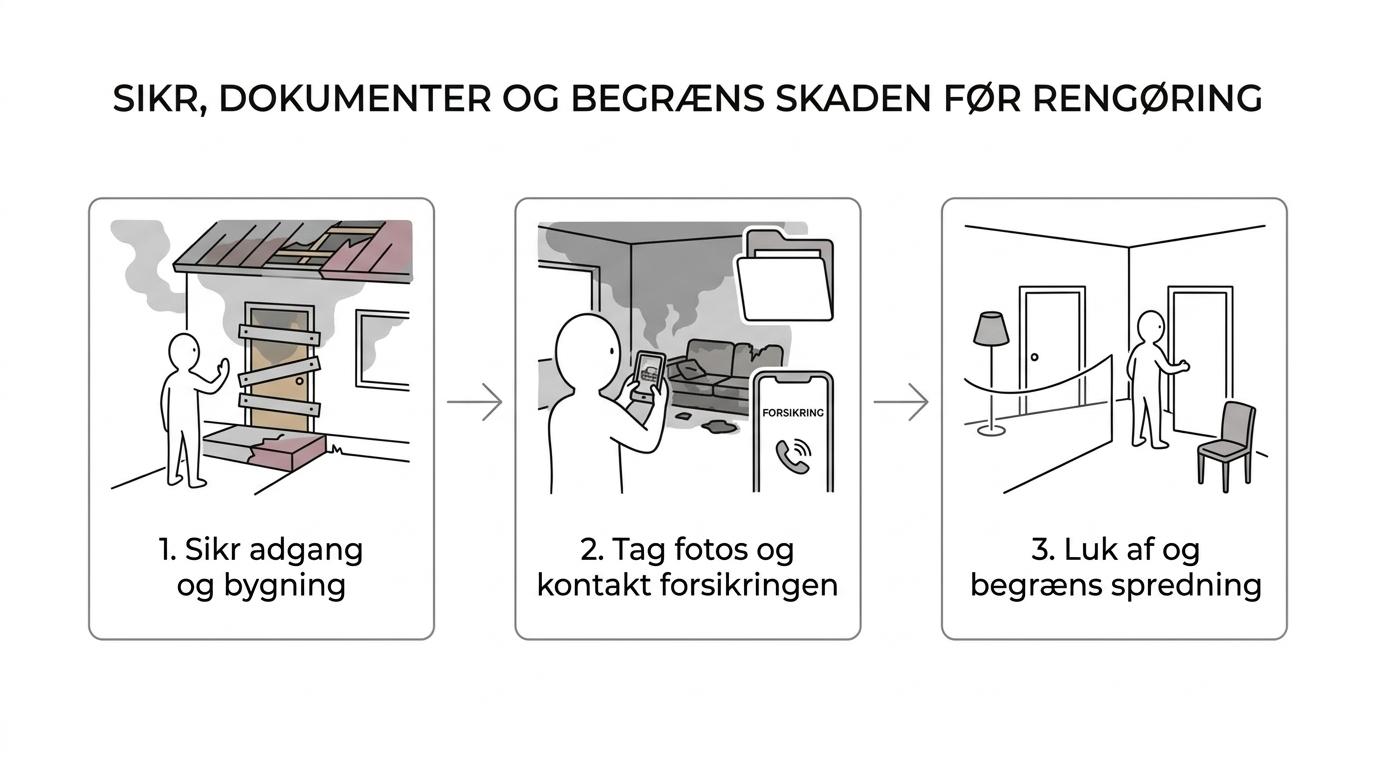 Procesgrafik med de første trin efter brandskade: afspær, dokumentér, kontakt forsikring, begræns spredning og vurder sanering.