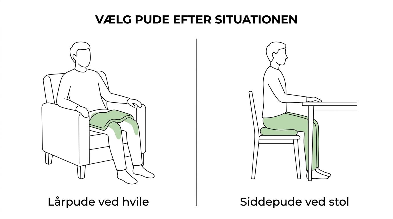 Sammenligning af lårpude og siddepude til voksne med typiske brugssituationer og effekter.