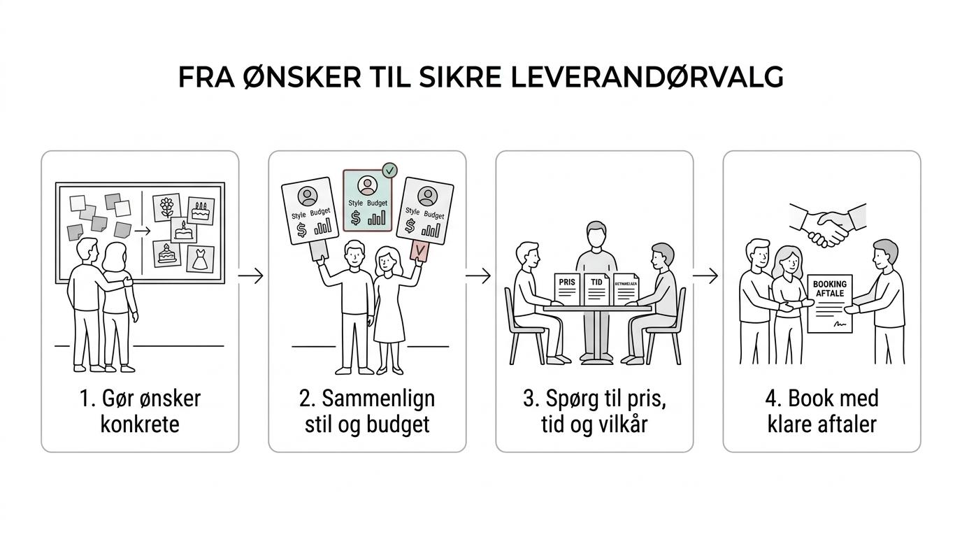 En trinvis oversigt over bryllupsplanlægning fra idéer og inspiration til sammenligning, afklaring og booking af leverandører.