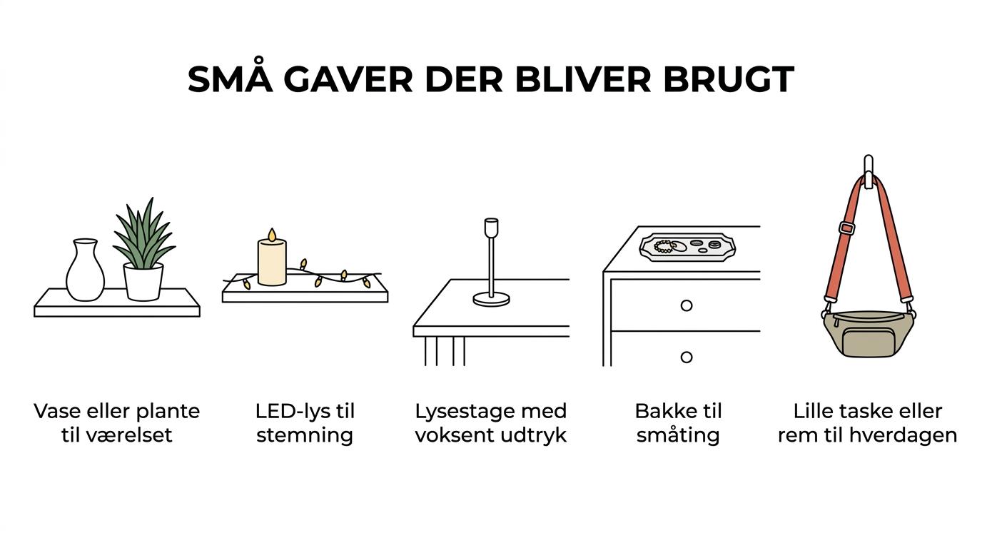 Oversigt med syv små gaveidéer til en medkonfirmand: vase, LED-lys, lysestage, bakke, kunstig plante, taskerem og lille taske.