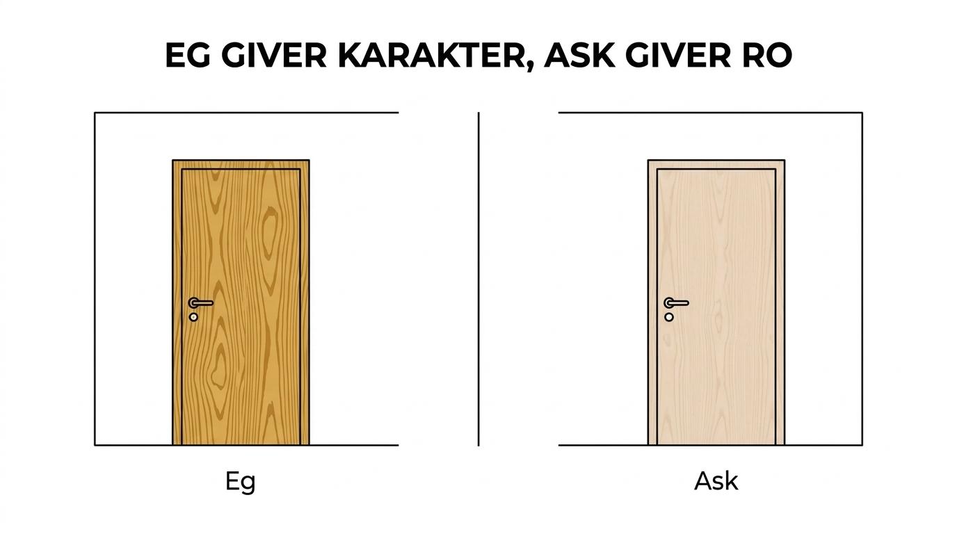Side-by-side view of two interior veneer doors, one in oak with warmer, stronger grain and one in ash with a lighter, calmer grain.