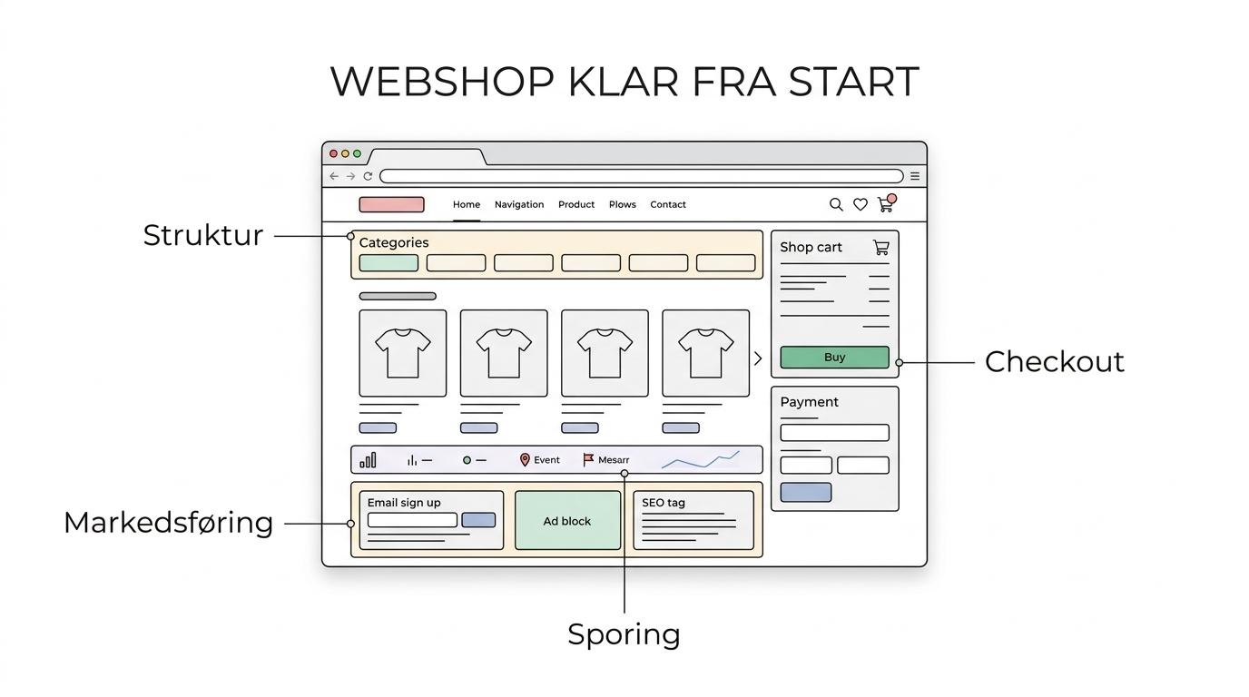 Diagram of a webshop setup with labeled parts like structure, product setup, checkout, tracking, email capture and user journey.