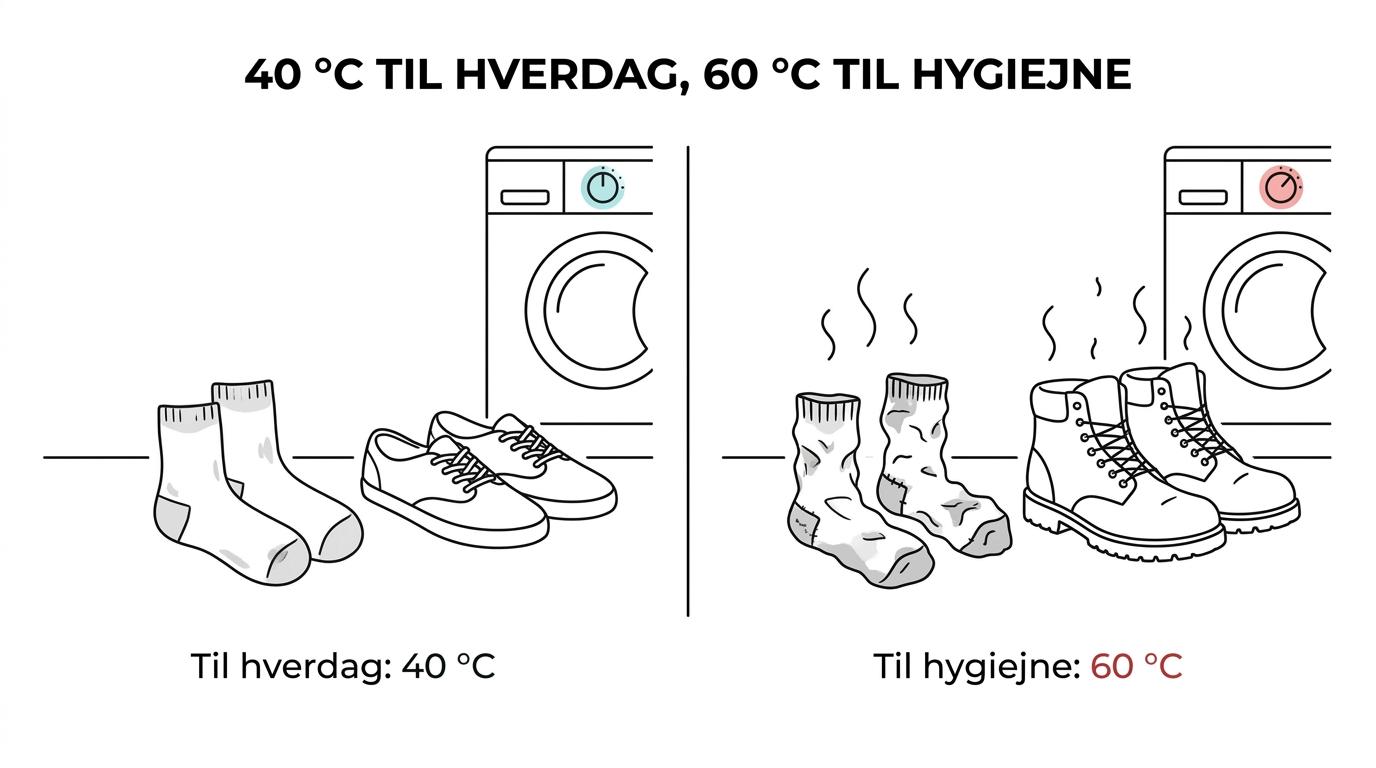 Sammenligning af sokkevask ved 40 og 60 grader med typiske situationer for hver temperatur.