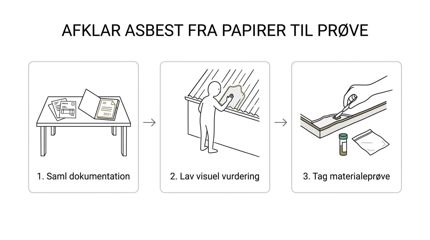 Trinvis proces, der viser asbestafklaring ved boligkøb fra dokumentation til visuel vurdering og videre til materialeprøve.