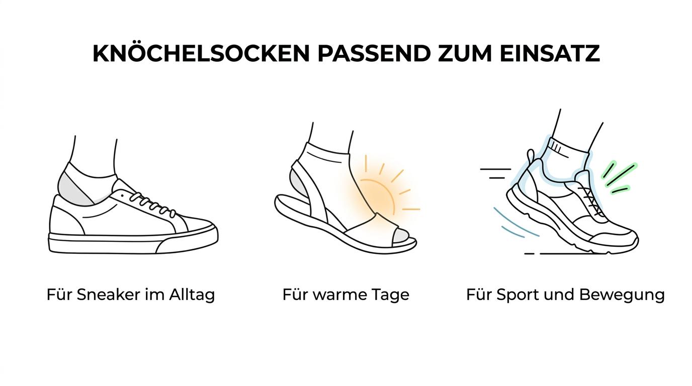 Übersicht mit drei Einsatzbereichen für Herren-Knöchelsocken: Sneaker im Alltag, warme Tage und Sport.
