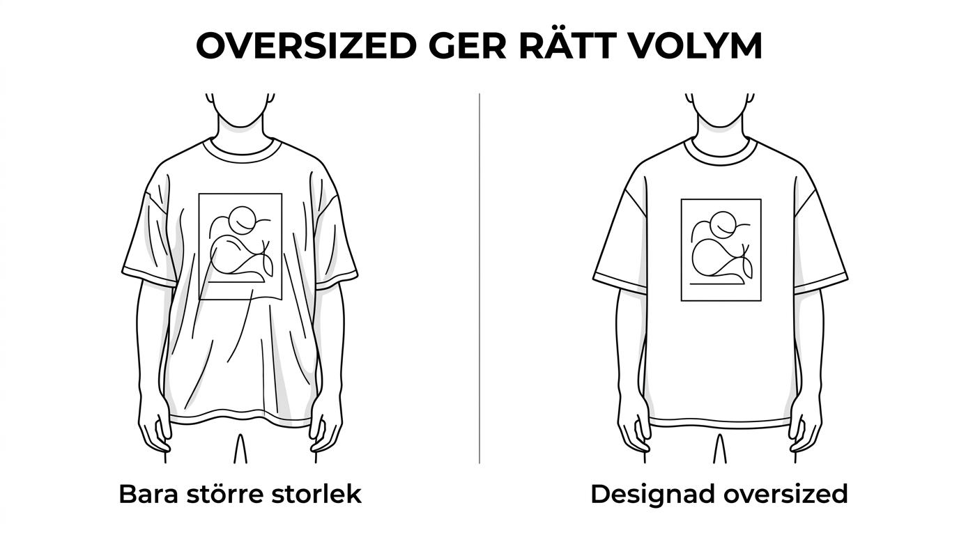 Jämförelse mellan en oversized grafisk t-shirt och en rakare, mer kroppsnära grafisk t-shirt som visar skillnad i volym och silhuett.