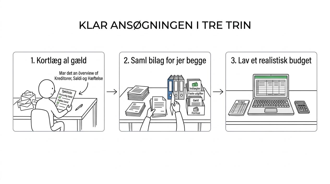 Procesgrafik med tre trin for gældssanering som samlever: kortlæg al gæld, saml dokumentation for begge og lav et realistisk budget.