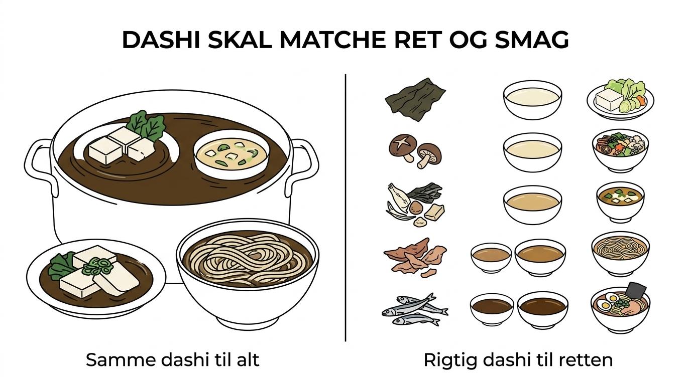 Side-by-side comparison of five dashi types showing their ingredients, flavor profiles, and best uses.