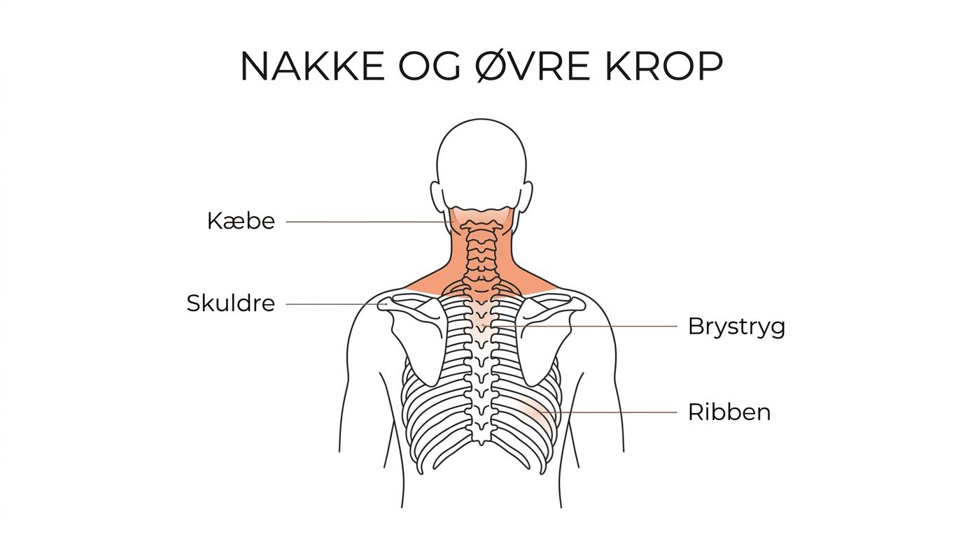 Illustration af nakken med markerede sammenhænge til kæbe, skuldre, brystryg, ribben, hovedpine, svimmelhed og udstråling til arm.