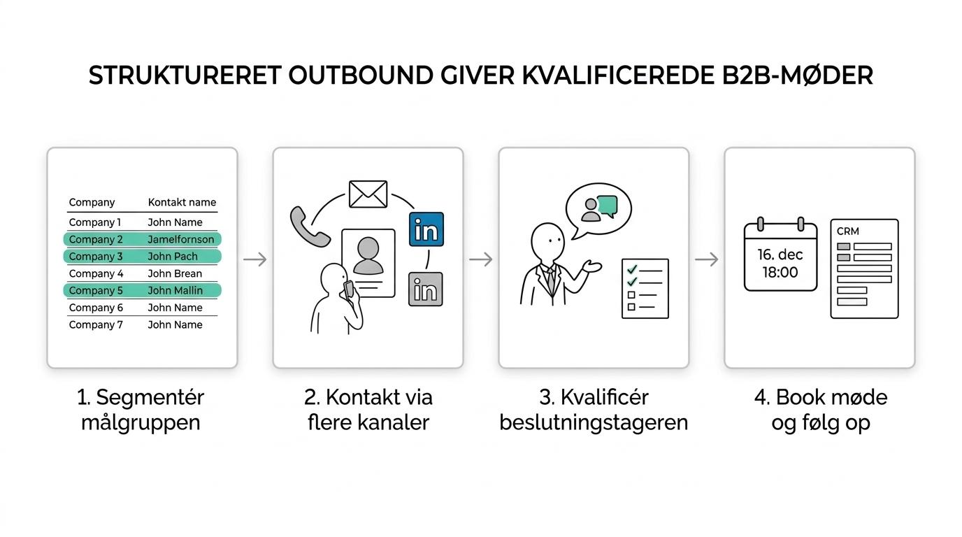 Flowdiagram, der viser segmentering, telefon, e-mail, LinkedIn, CRM-opfølgning og kvalificerede B2B-møder.