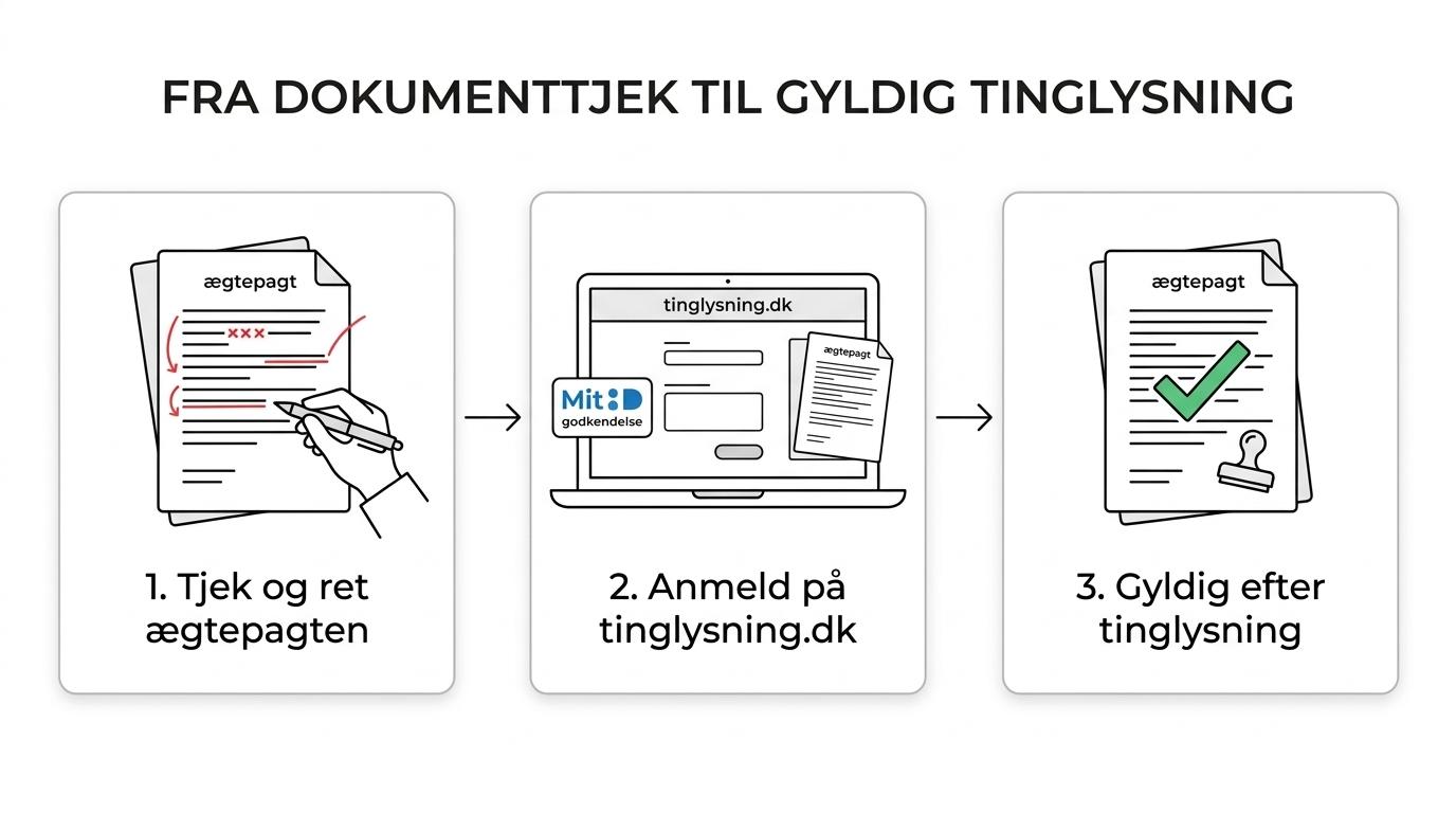 Flowdiagram over processen fra valg af digital løsning eller rådgivning til dokumenttjek, underskrift med MitID, anmeldelse på tinglysning.dk og færdig tinglyst ægtepagt.