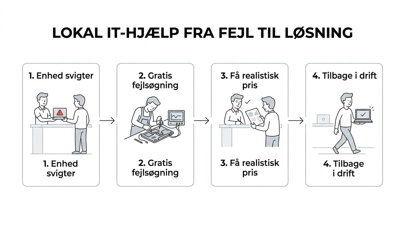 A simple step-by-step flow showing device problem, free diagnosis, price estimate, approval, repair, and pickup from a local Frederikshavn shop.