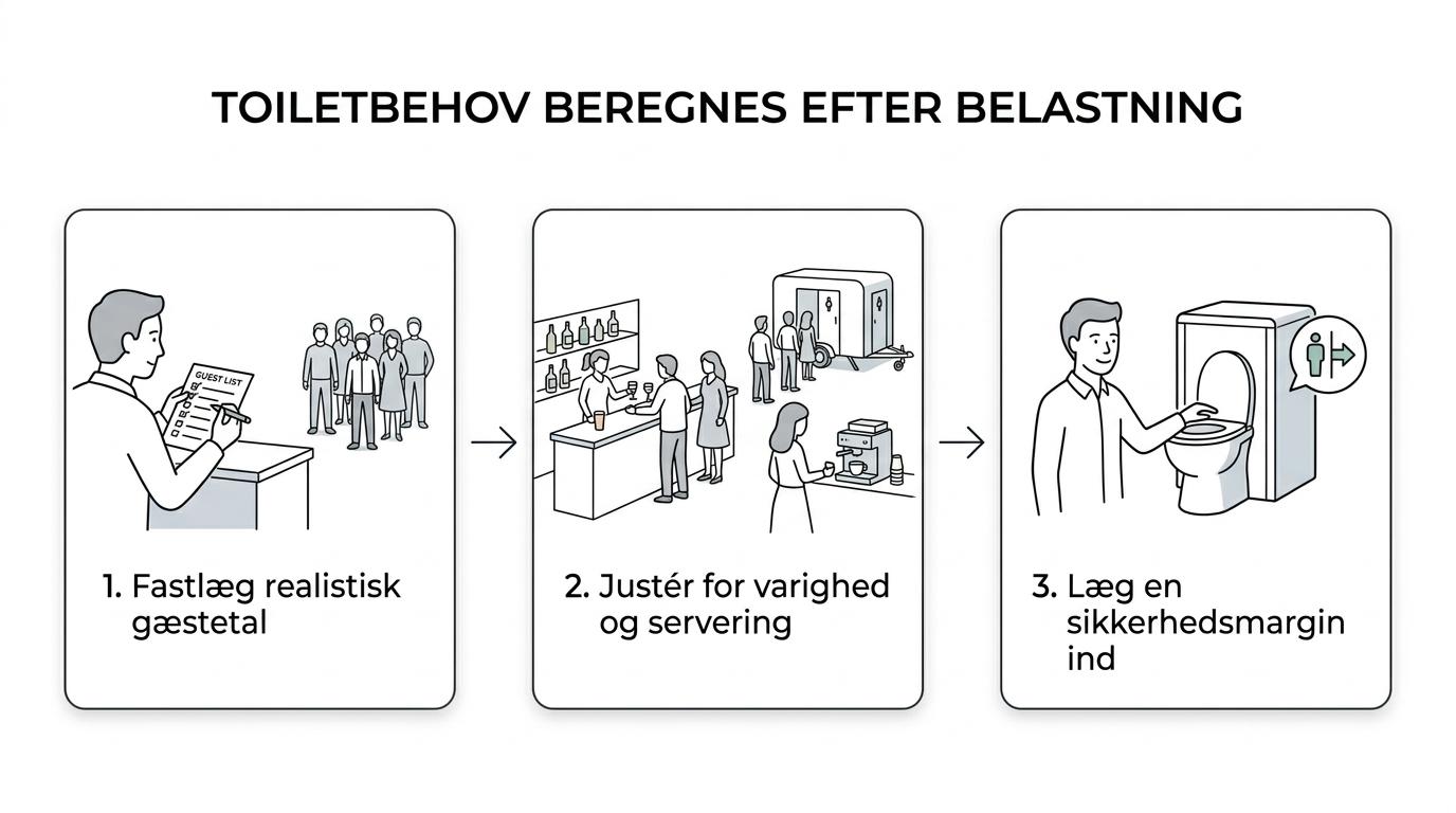 Diagram med trin for trin beregning af toiletbehov ud fra deltagerantal, servering og spidsbelastning samt en sikkerhedsmargin.