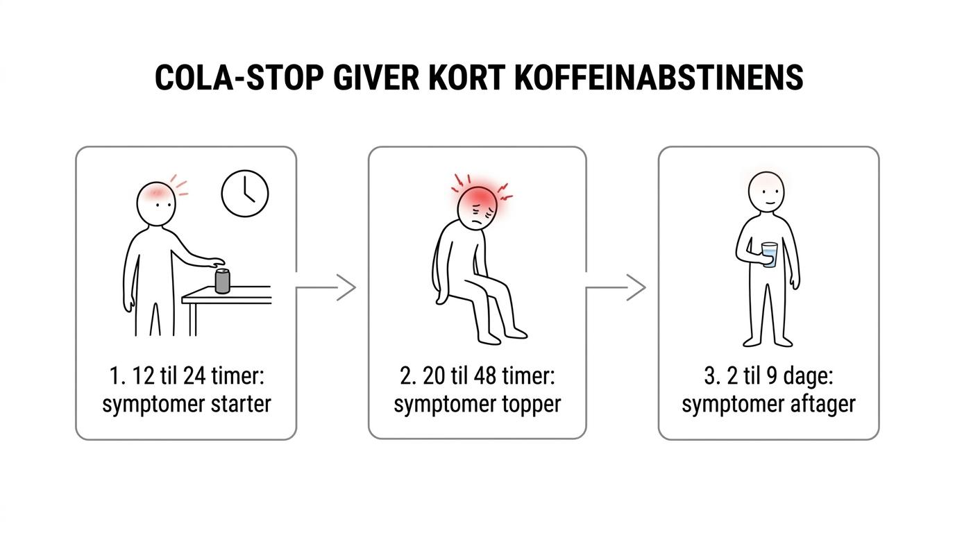 Tidslinje over cola-abstinenser fra 12 til 24 timer efter stop, top efter 20 til 48 timer og bedring inden for 2 til 9 dage.
