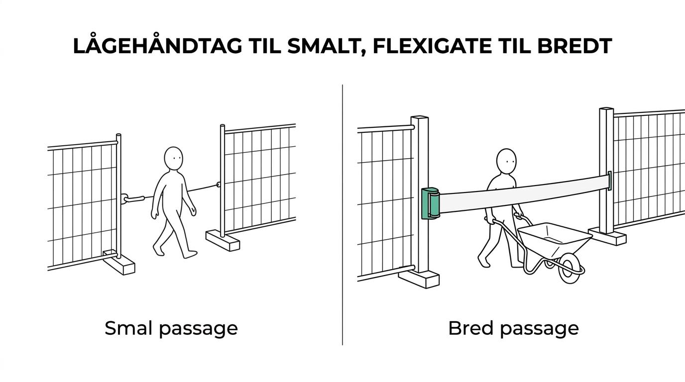 Sammenligning af et lågehåndtag til smal passage og en FlexiGate-løsning til bred passage i et flytbart hegn.