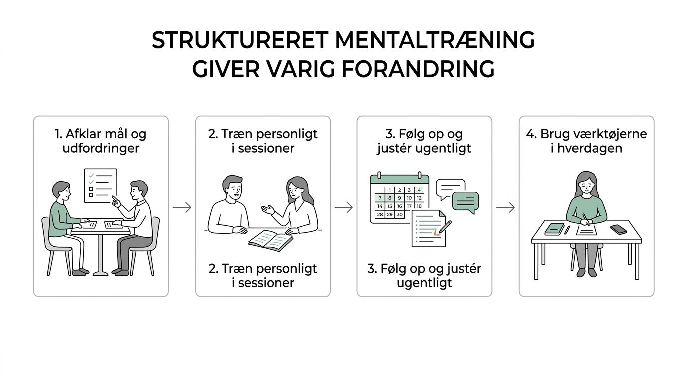 Et enkelt forløbsdiagram, der viser afklaring, 1:1-sessioner, ugentlig opfølgning og træning i praksis som vej til mere ro og selvkontrol.