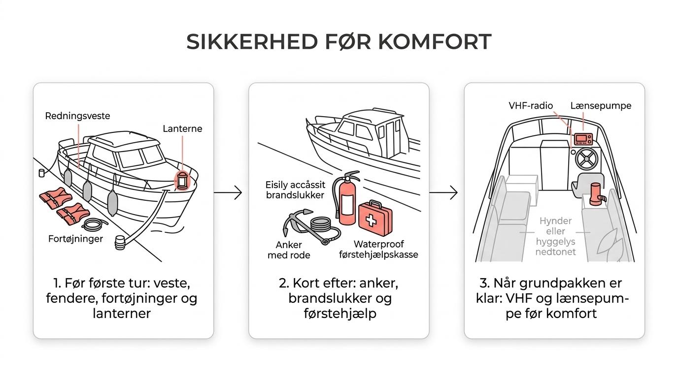 Trestegsoversigt over hvilket bådudstyr nye bådejere bør købe før første tur, kort efter overtagelse og senere.