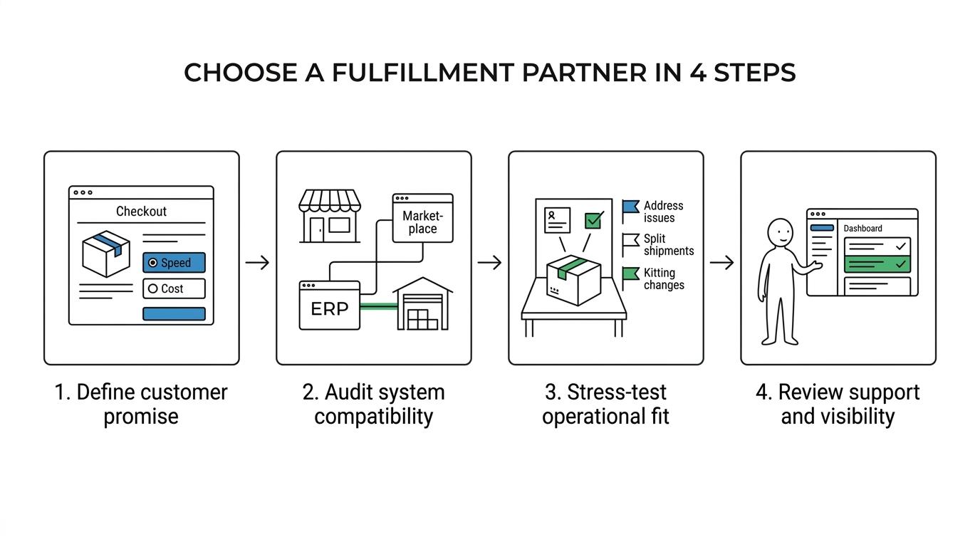 Four-step flow for choosing a package fulfillment partner: define the customer promise, audit system compatibility, stress-test operational fit, and review support and visibility.