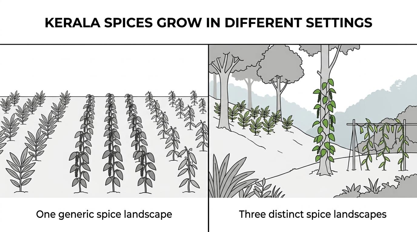Side-by-side comparison of cardamom under shade trees, black pepper vines climbing supports, and vanilla vines in a managed plantation.