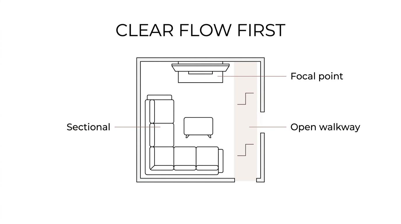 Top-down family room diagram showing a sectional, focal point, walkway clearance, and coffee table spacing.
