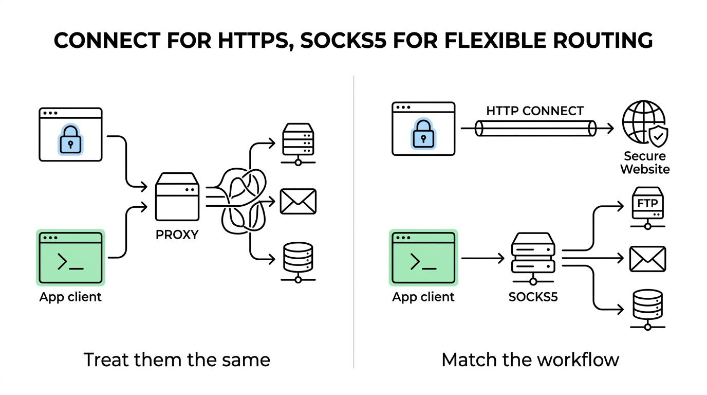 Side-by-side comparison of HTTP CONNECT and SOCKS5 proxy behavior, showing HTTP 407 and CONNECT tunneling on one side and SOCKS5 method negotiation with IPv4, IPv6, and domain destinations on the other.