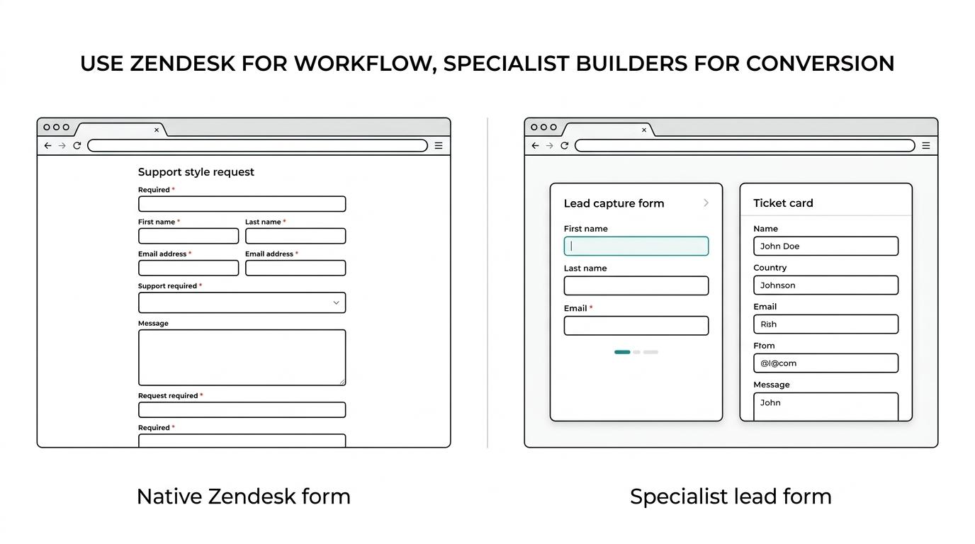 Comparaison côte à côte entre les formulaires de tickets Zendesk et un outil spécialisé dans la capture de prospects, mettant en évidence, d'un côté, le contrôle du flux de travail et, de l'autre, une expérience utilisateur axée sur la conversion.
