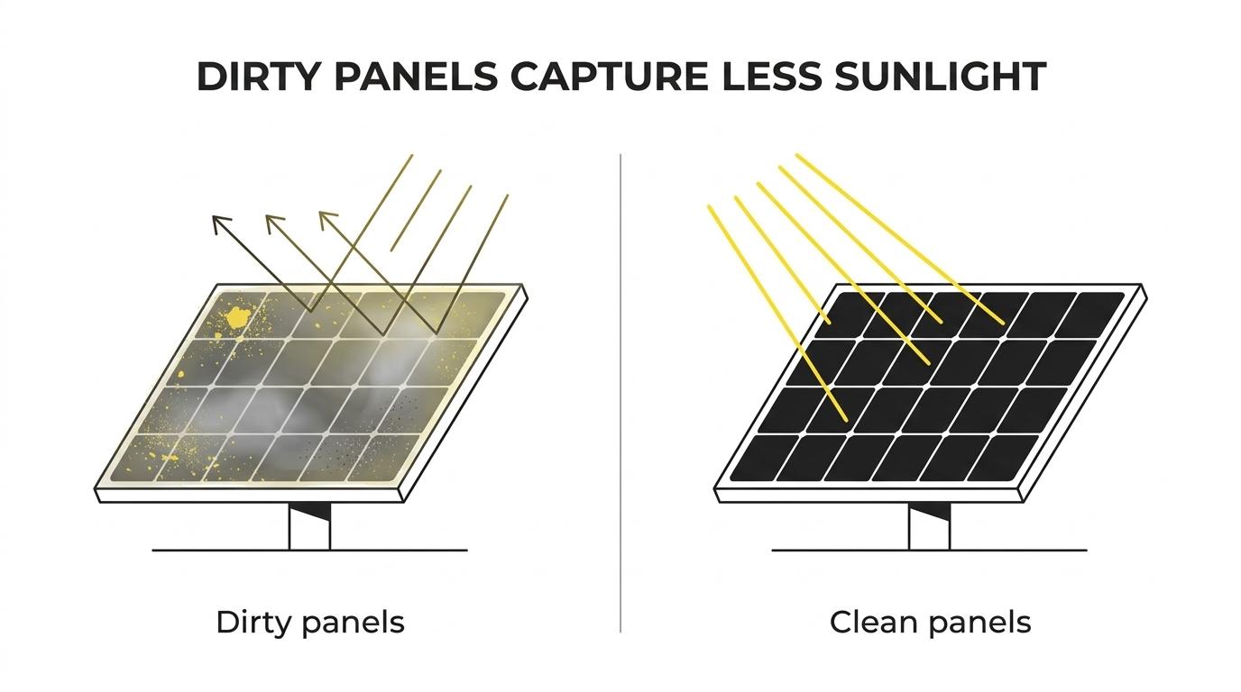 Side-by-side solar panels, one coated with yellow pollen and grime and one freshly cleaned and clear in bright sunlight.