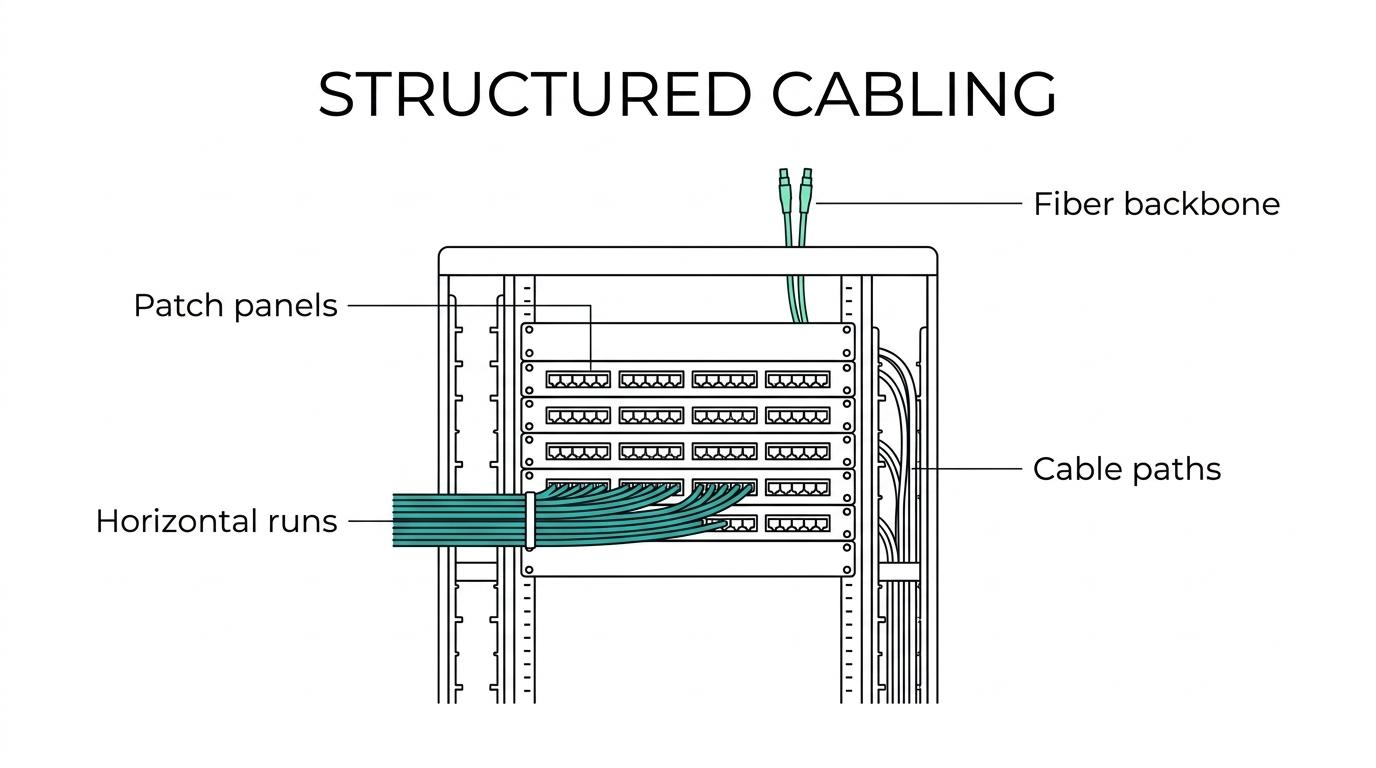 Labeled office cabling diagram showing workstations, phones, access points, cameras, patch panels, racks, and fiber links between MDF and IDF closets.