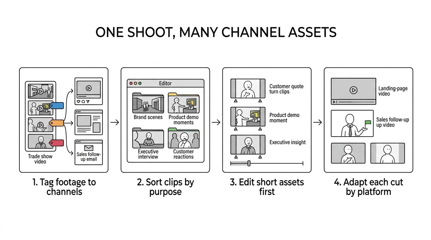 A step-by-step flow showing trade show footage moving from planned capture to sorted content buckets and into LinkedIn clips, landing-page videos, and sales follow-up assets.