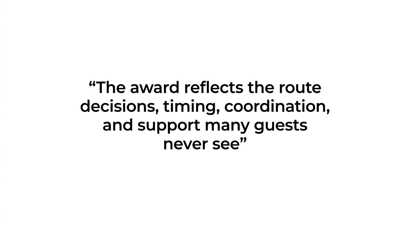 Highlighted quote stating that the award reflects the unseen work behind well-run travel planning.