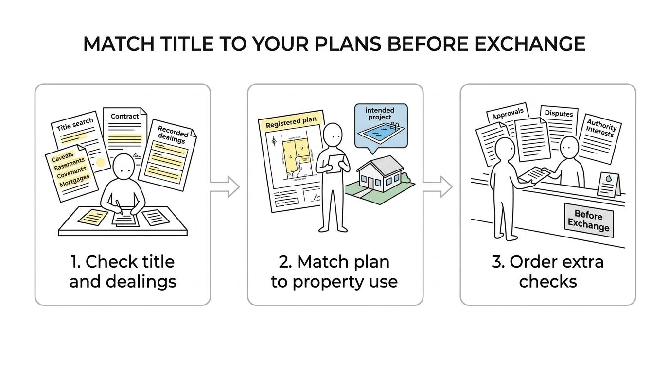 Three-step pre-exchange process for a Torrens title property: review title dealings, compare the registered plan to the property and intended use, then order non-title searches and check approvals.