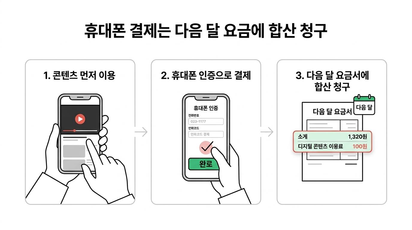 사용자가 휴대폰 번호로 콘텐츠를 이용한 뒤 결제대행과 통신사를 거쳐 다음 달 통신요금서에 합산 청구되는 과정을 보여주는 흐름도.