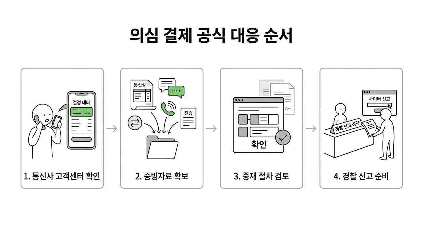 의심되는 휴대폰 소액결제에 대응하는 4단계 흐름으로 통신사 확인, 증빙 확보, 중재 검토, 경찰 신고 준비를 보여주는 다이어그램.