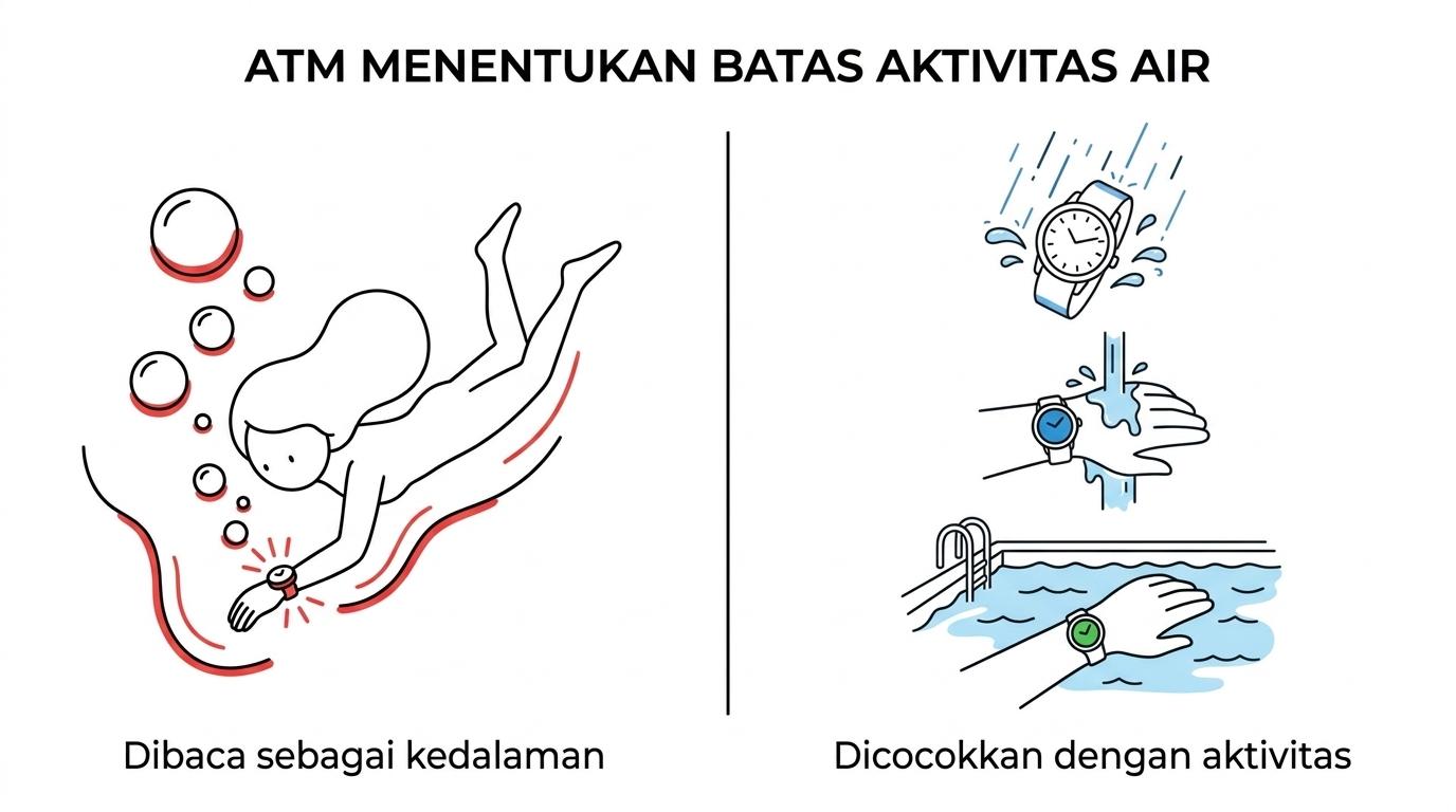 Perbandingan rating 3 ATM, 5 ATM, dan 10 ATM dengan contoh penggunaan seperti cipratan, cuci tangan, hujan, dan berenang ringan.