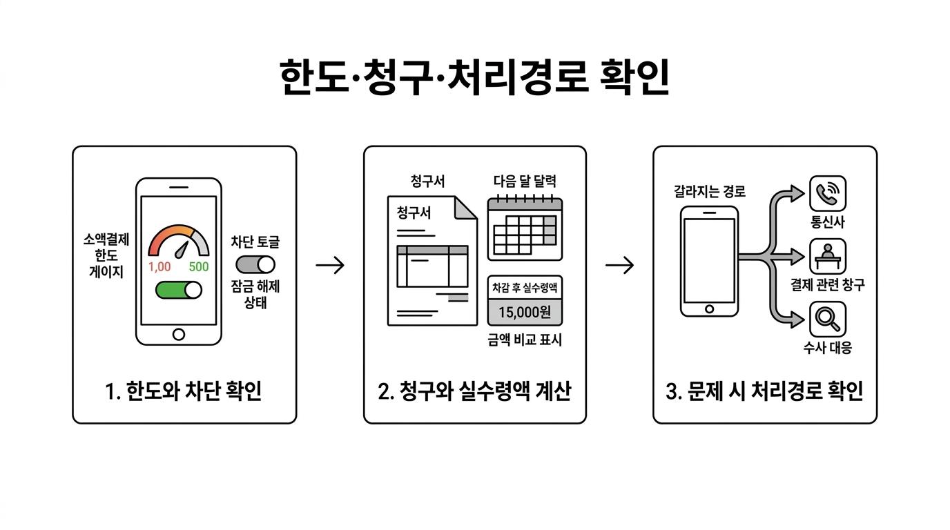 소액결제 현금화 전에 확인할 3단계 흐름으로 한도와 차단 상태, 청구금액과 실수령액, 문제 발생 시 처리 경로를 차례로 보여주는 안내도.