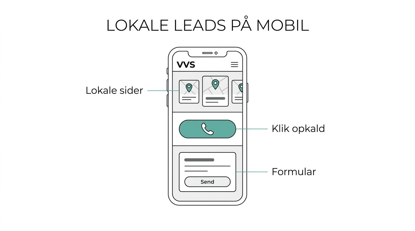 Skematisk oversigt over en VVS-hjemmeside med servicesider, lokale landingssider, klikbart telefonnummer, hurtig mobilvisning og kontaktpunkter.