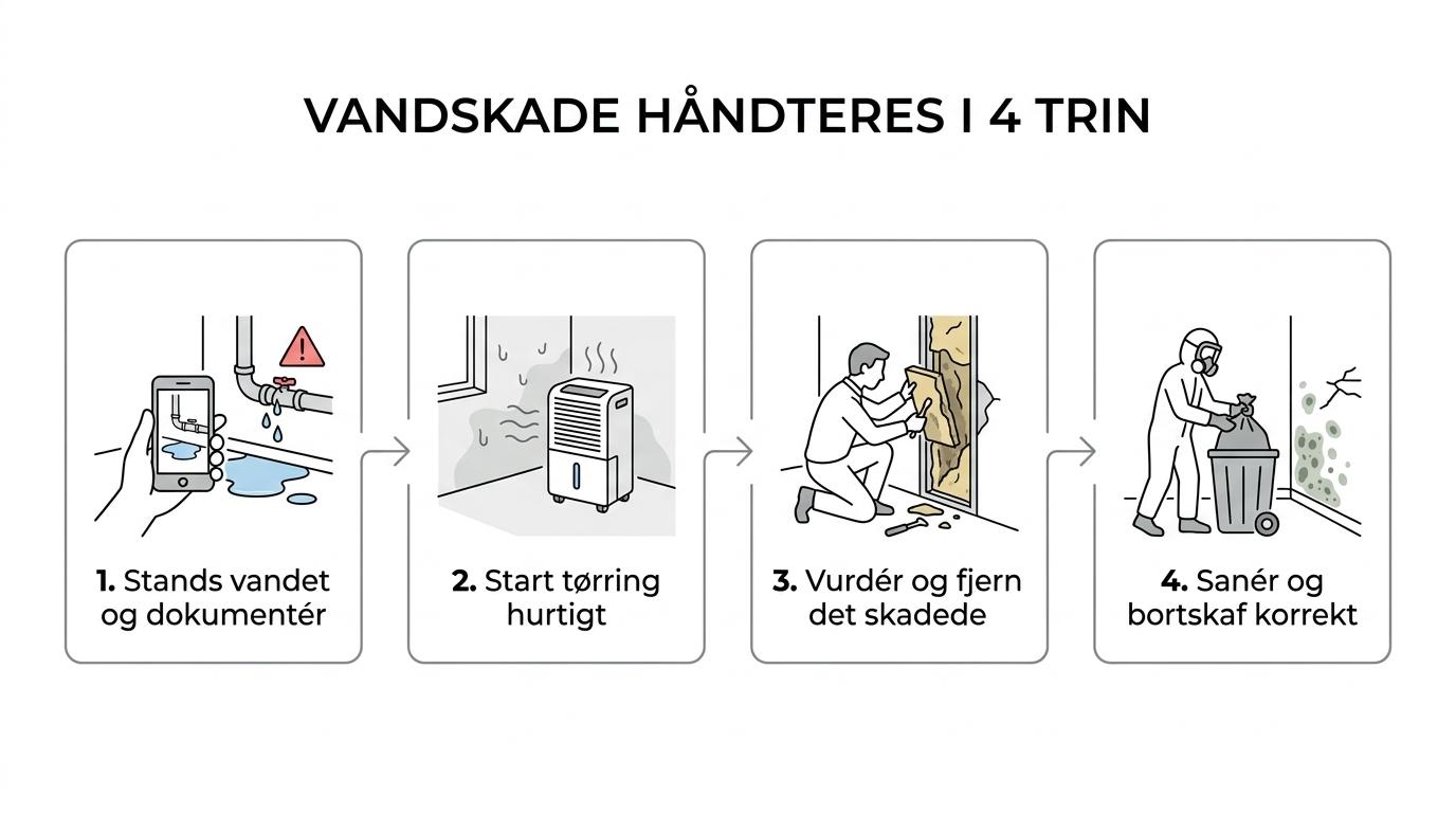 Procesoversigt over håndtering af vandskade fra stop af vand og dokumentation til vurdering, fjernelse af skadede materialer, sanering og afsluttende dokumentation.