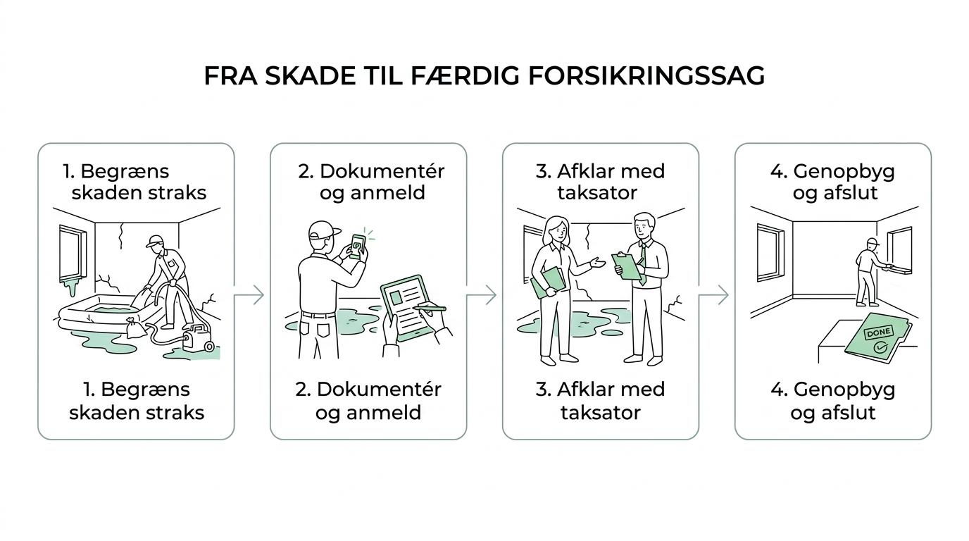 Procesgrafik, der viser forløbet fra akut skade og dokumentation til taksator, forsikringsdialog og genopbygning.