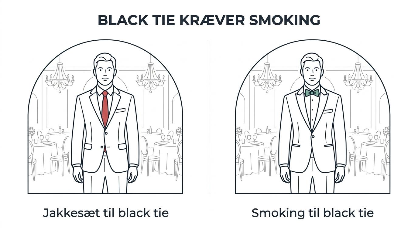 Sammenligning af tre bryllupsdresscodes med passende valg: smoking til black tie, mørkt formelt jakkesæt til black tie optional og morning dress til traditionelle dagbryllupper.