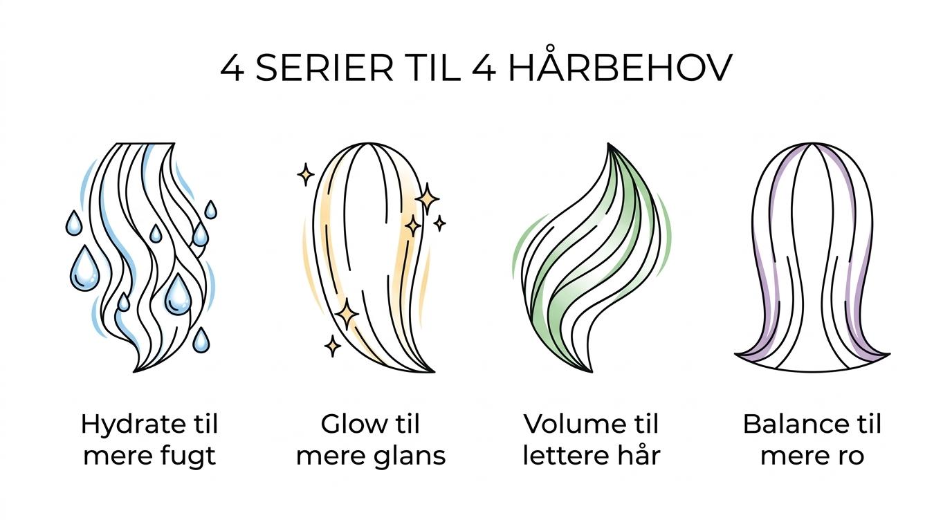 Overview of four Damm Cosmetics conditioner series—Hydrate, Glow, Volume, and Balance—with the main hair need each one supports.