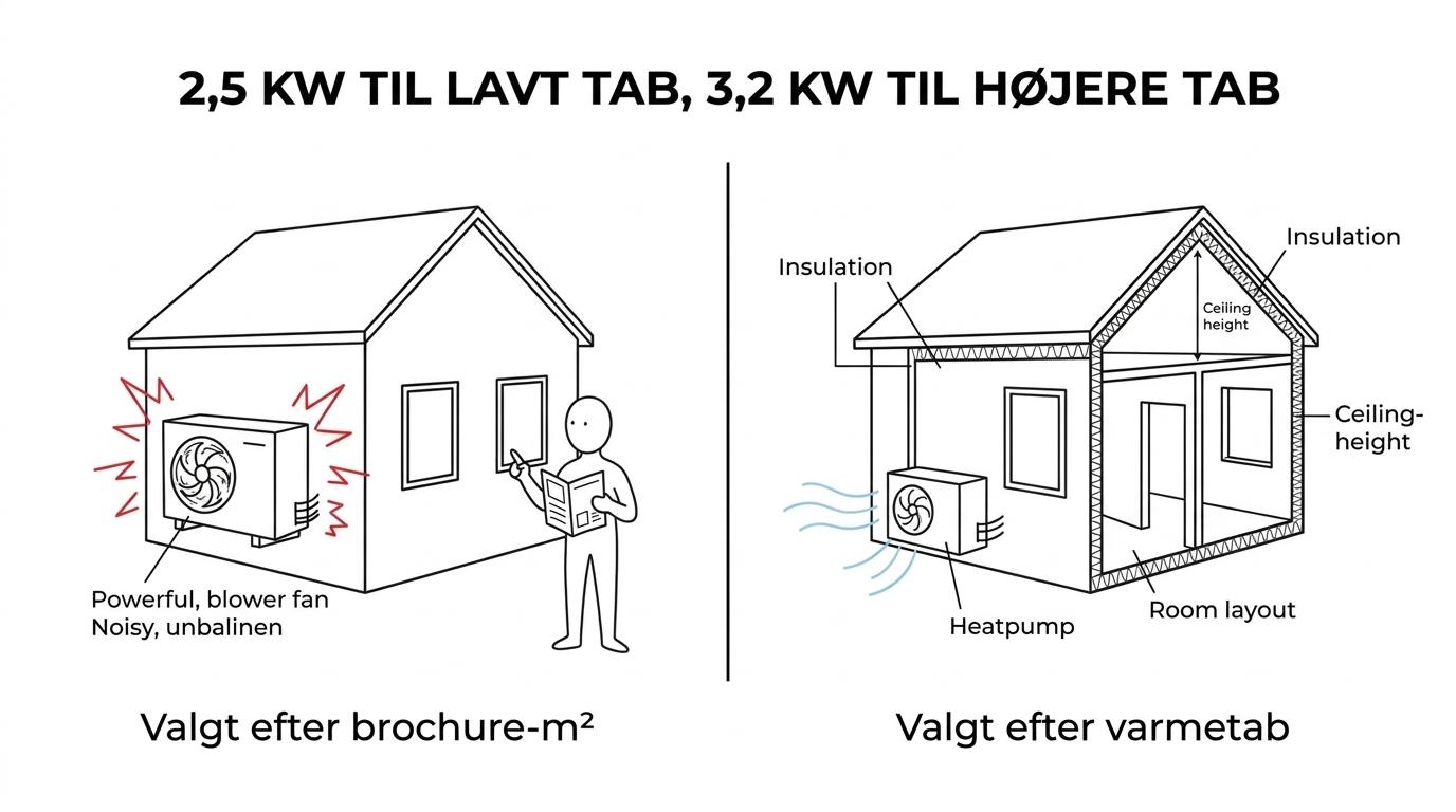 Side-by-side sammenligning af hvornår en 2,5 kW versus 3,2 kW luft-til-luft varmepumpe passer til en bolig på 40 m².