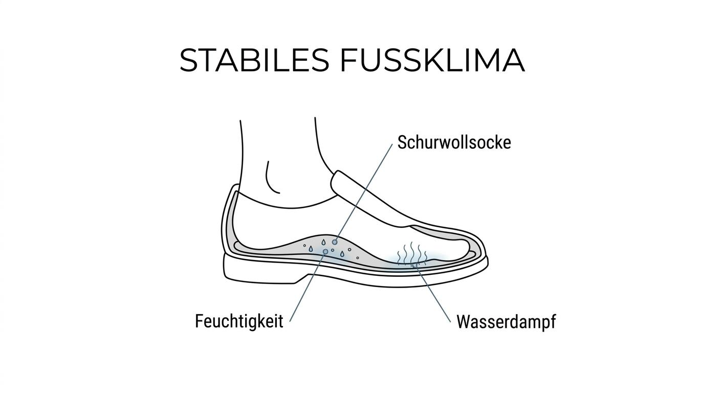 Beschrifteter Querschnitt von Fuß, Wollsocke und Schuh, der zeigt, wie Feuchtigkeit als Dampf in der Wollsocke gepuffert wird und die Haut trockener wirkt.