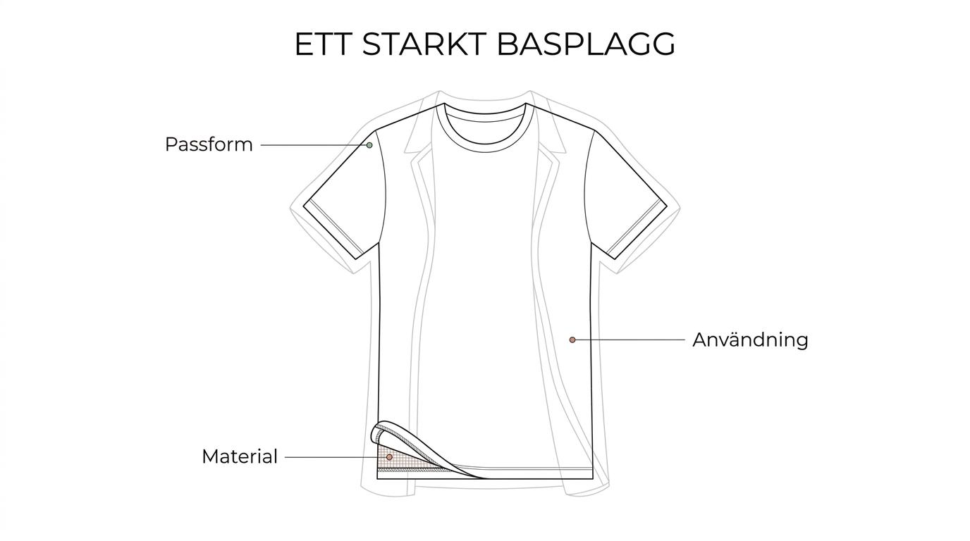 Diagram som bryter ner ett starkt basplagg i passform, material, färg, användning och skötsel.