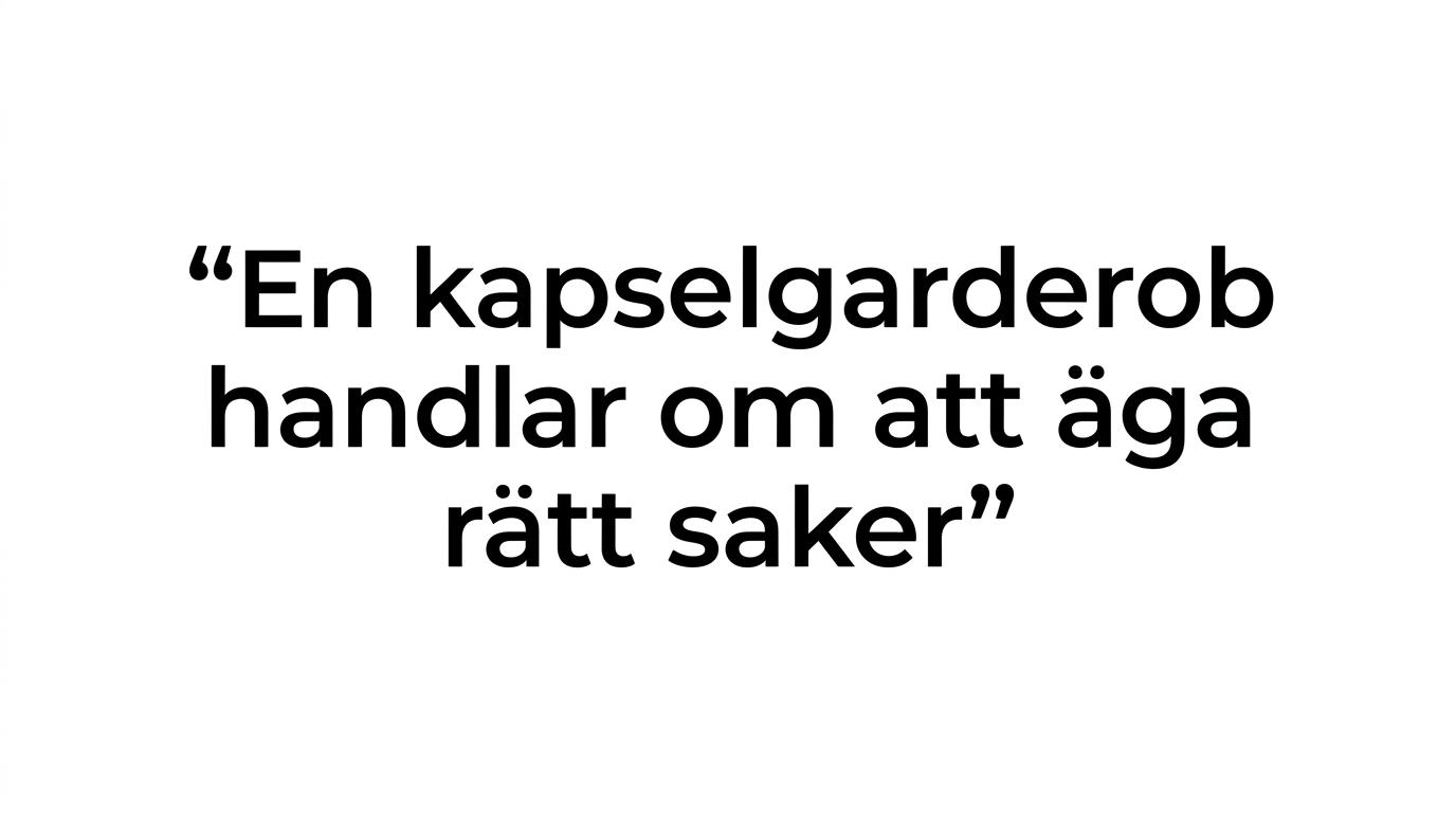 Citatvisual med texten: 'En kapselgarderob handlar inte om att äga så lite som möjligt. Den handlar om att äga rätt saker.'