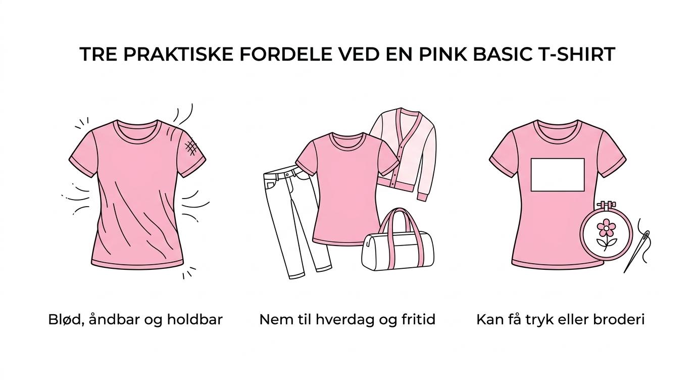En pink bomulds-T-shirt med visuelle markører for komfort, hverdagsbrug, personligt tryk og hurtig levering.