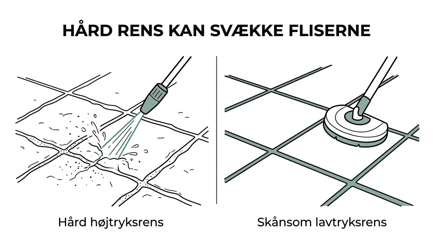 Sammenligning af fliser renset med fri højtryksstråle og med en mere skånsom metode, hvor den ene side viser ru overflade og svækkede fuger, og den anden en mere intakt belægning.