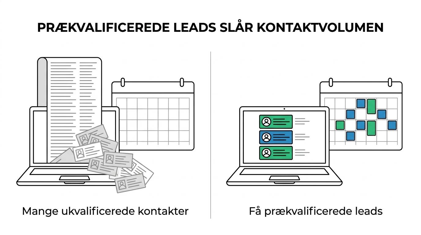 Sammenligning mellem en lang liste af ukvalificerede kontakter og en mindre gruppe prækvalificerede softwareleads, der fører til møder og pipeline.