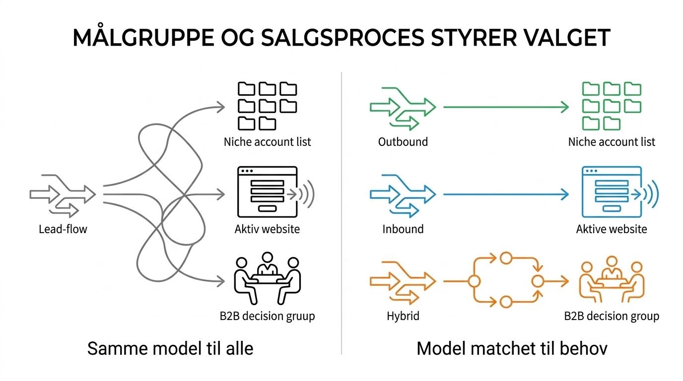 Sammenligning af outbound, inbound og hybrid leadgenerering og hvornår hver model passer bedst i B2B.