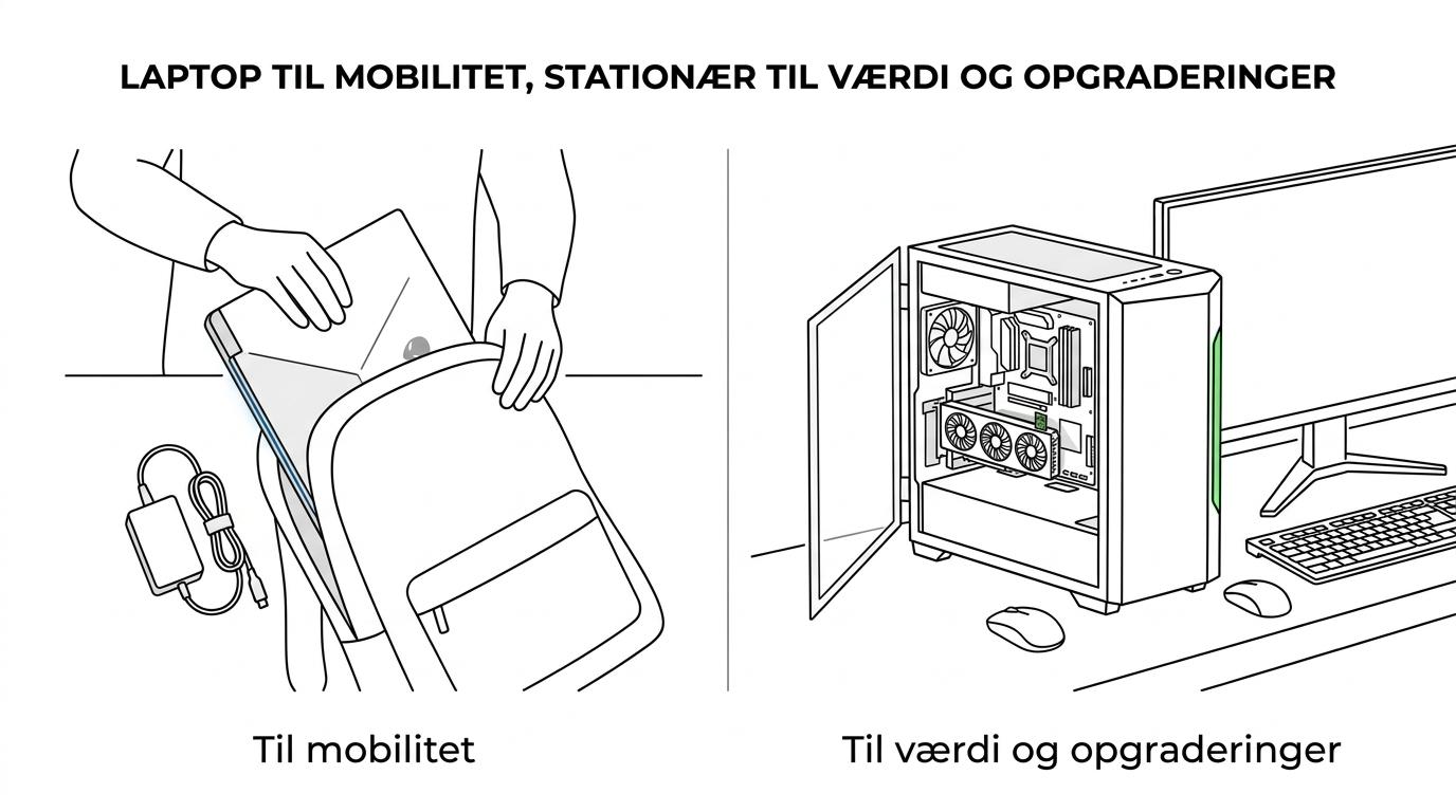 En gaming-laptop og en stationær gamer PC vist side om side med forskelle i mobilitet, ydelse, køling og opgraderingsmuligheder.